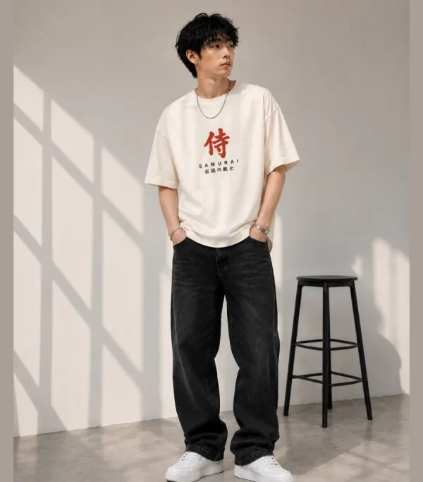 Men's off white oversized Samurai graphic printed T-shirt with Japanese-inspired design