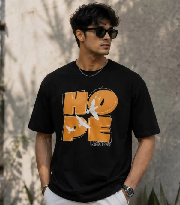 men's black oversized HOPE graphic t-shirt front view