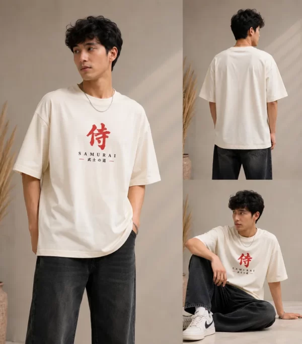 Men's off white oversized Samurai graphic printed T-shirt with Japanese-inspired design