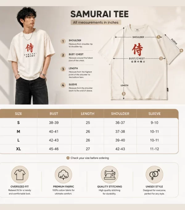 Men's off white oversized Samurai graphic printed T-shirt with Japanese-inspired design