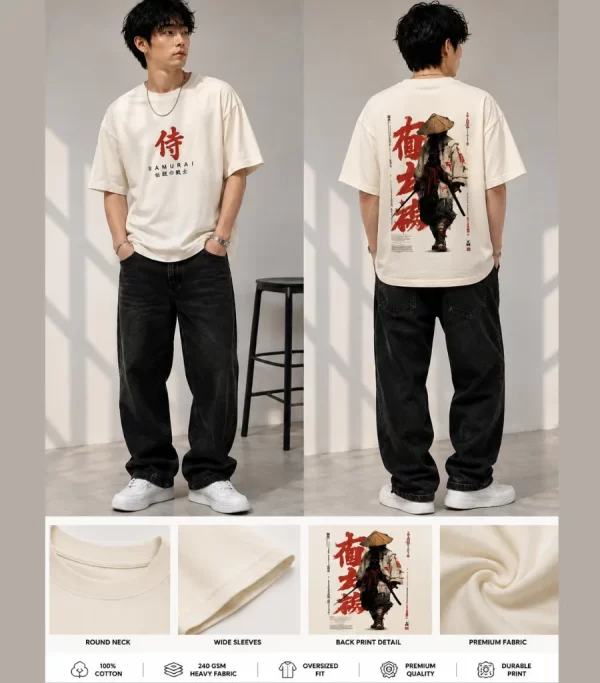 Men's off white oversized Samurai graphic T-shirt with front and back Japanese-inspired prints