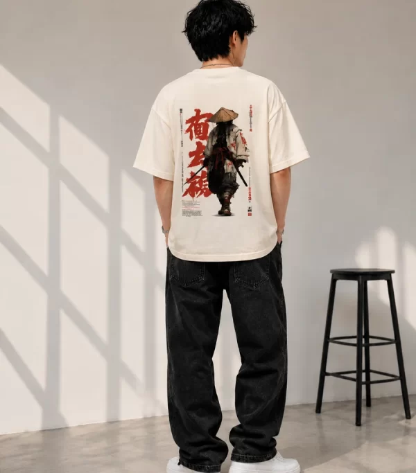 Men's off white oversized Samurai graphic T-shirt with front and back Japanese-inspired prints
