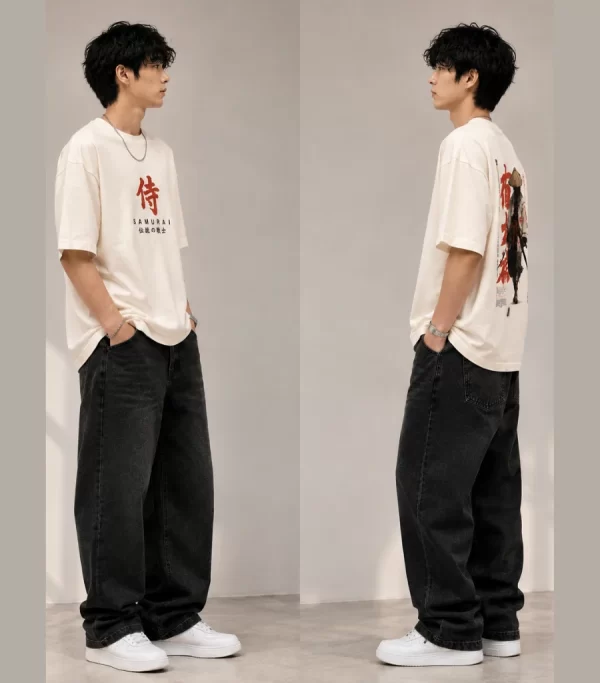 Men's off white oversized Samurai graphic T-shirt with front and back Japanese-inspired prints