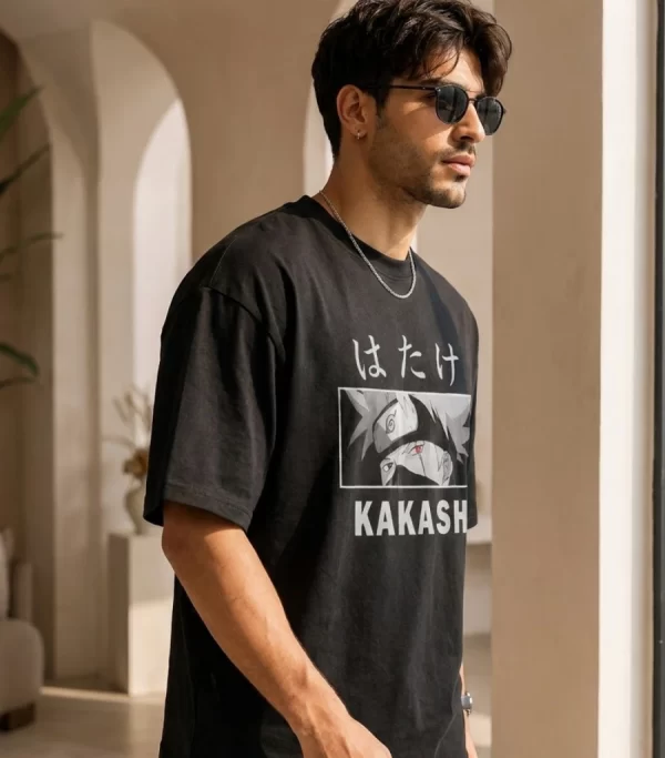 men's black Kakashi anime oversized t-shirt front and back