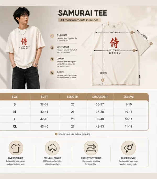 Men's off white oversized Samurai graphic T-shirt with front and back Japanese-inspired prints