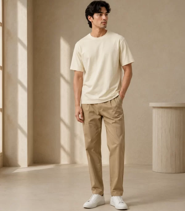 Man wearing a relaxed-fit cream t-shirt paired with khaki chinos and white sneakers, standing in a sunlit minimal interior.