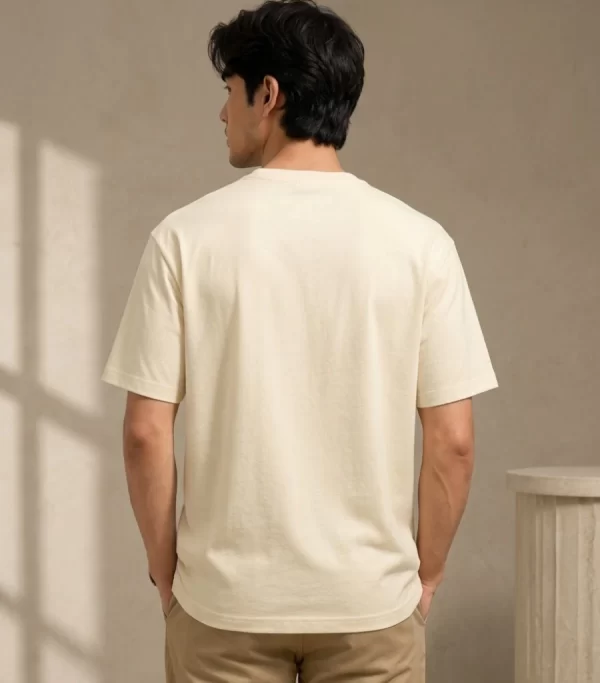 Man wearing a relaxed-fit cream t-shirt paired with khaki chinos and white sneakers, standing in a sunlit minimal interior.