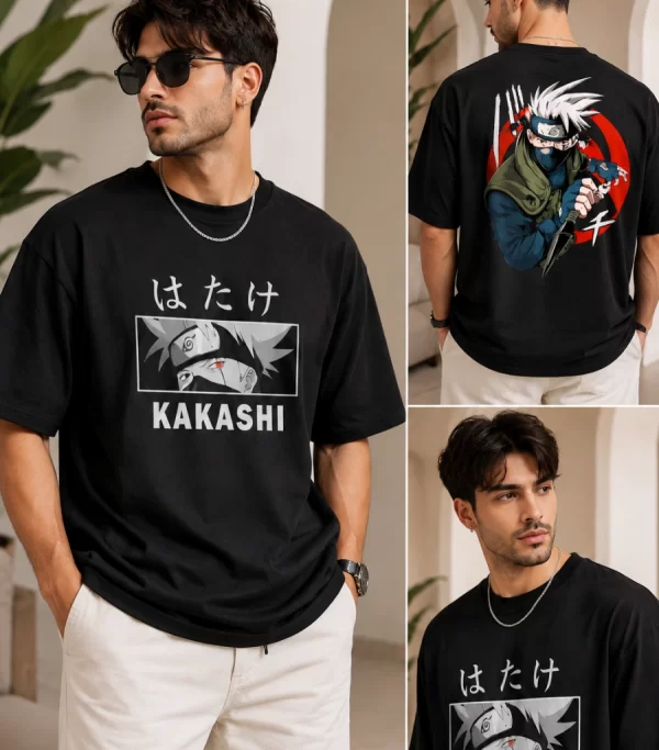 men's black Kakashi graphic oversized t-shirt front view