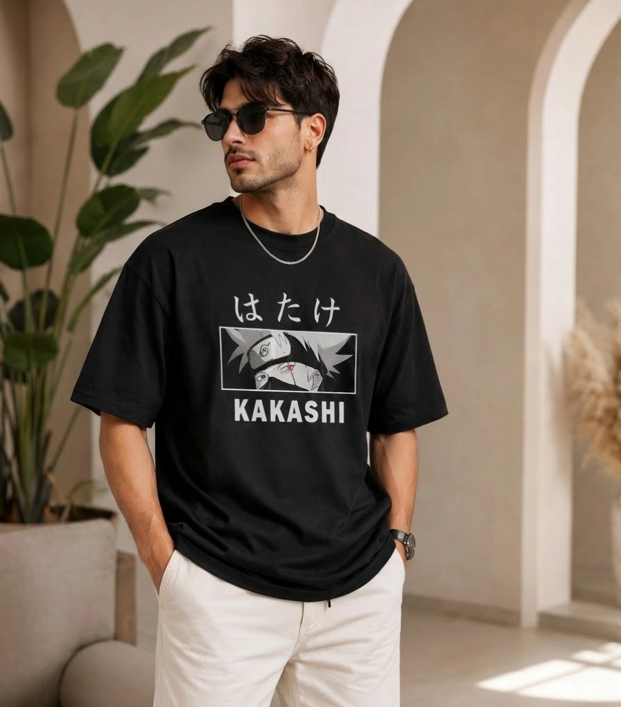 men's black Kakashi graphic oversized t-shirt front view