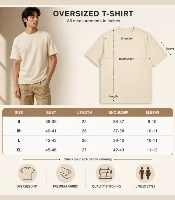 Man wearing a relaxed-fit cream t-shirt paired with khaki chinos and white sneakers, standing in a sunlit minimal interior.