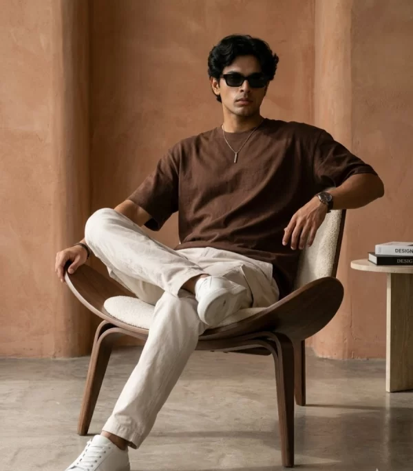 Man wearing brown oversized t-shirt with cream cargo pants, sunglasses, and white sneakers in a minimal studio setting.
