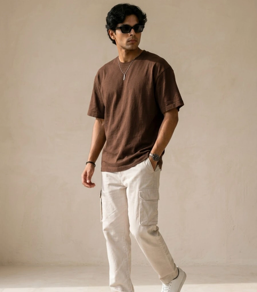 Man wearing brown oversized t-shirt with cream cargo pants, sunglasses, and white sneakers in a minimal studio setting.