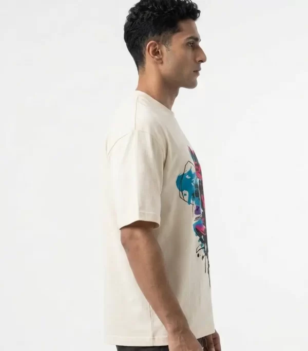 Men's off white oversized graphic printed T-shirt with abstract face design