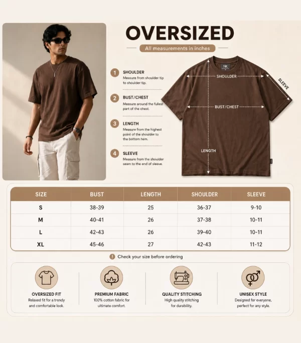 Man wearing brown oversized t-shirt with cream cargo pants, sunglasses, and white sneakers in a minimal studio setting.