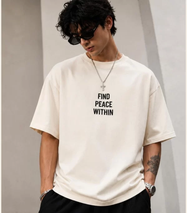men's cream oversized Find Peace Within t-shirt front view