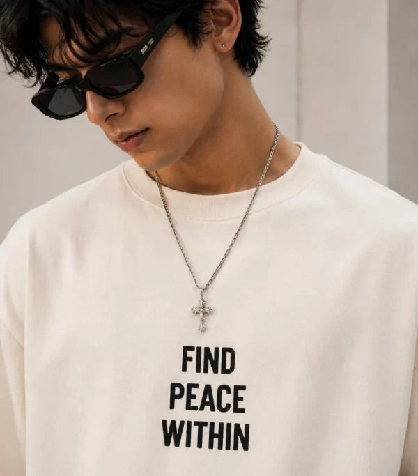 men's cream oversized Find Peace Within t-shirt front view