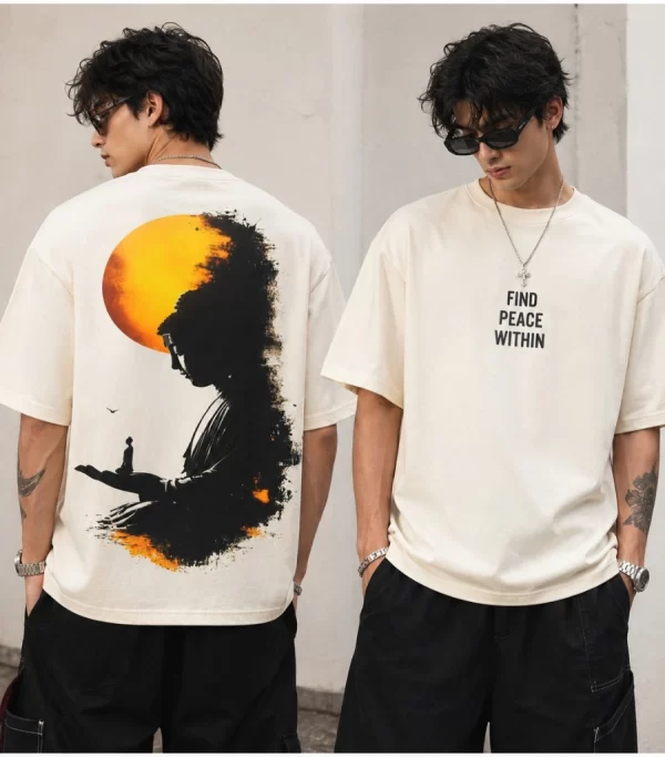 men's cream oversized sunset graphic t-shirt back print