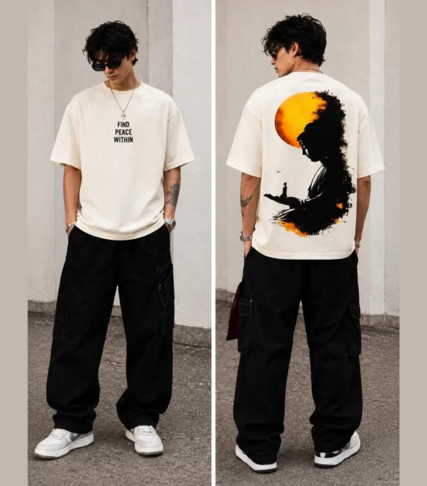 men's cream oversized sunset graphic t-shirt back print