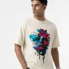Men's off white oversized graphic printed T-shirt with abstract face design