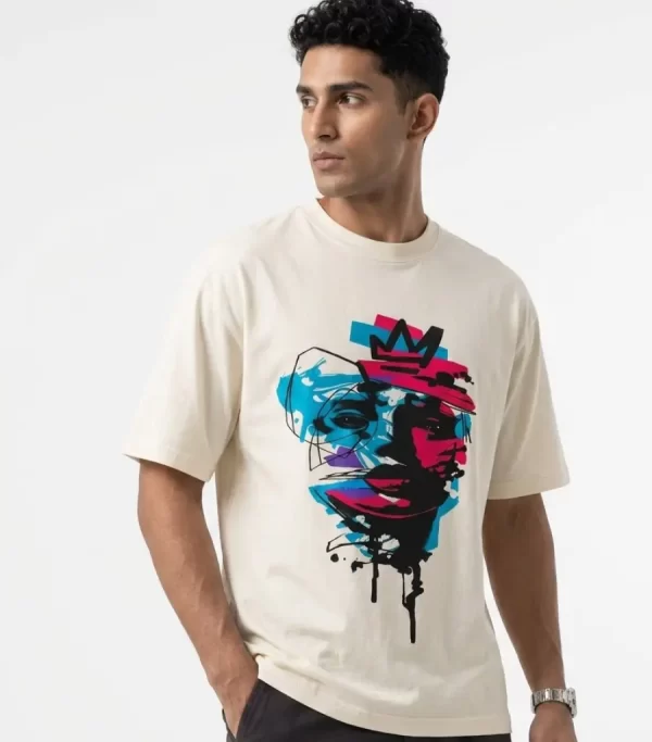 Men's off white oversized graphic printed T-shirt with abstract face design