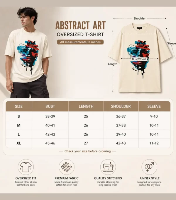 Men's off white oversized graphic printed T-shirt with abstract face design