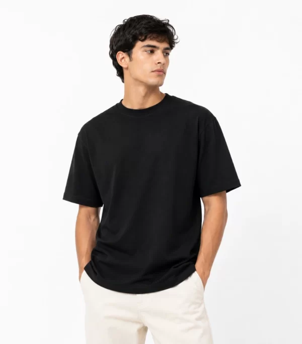 Black regular fit t-shirt men's casual look with geometric star backdrop