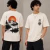 Men's off white oversized Japanese graphic T-shirt with mountain sunset back print