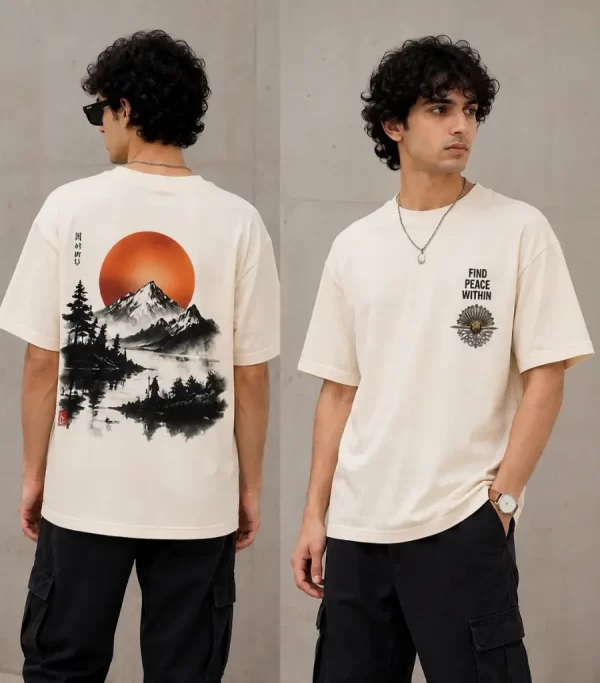Men's off white oversized Japanese graphic T-shirt with mountain sunset back print