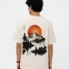 Men's off white oversized Japanese graphic T-shirt with mountain sunset back print