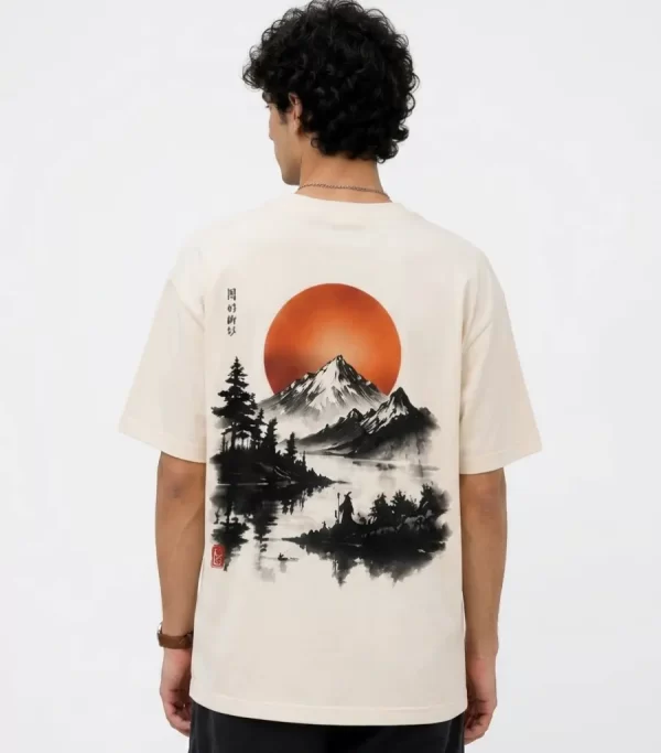 Men's off white oversized Japanese graphic T-shirt with mountain sunset back print