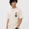 Men's off white oversized Japanese graphic T-shirt with mountain sunset back print