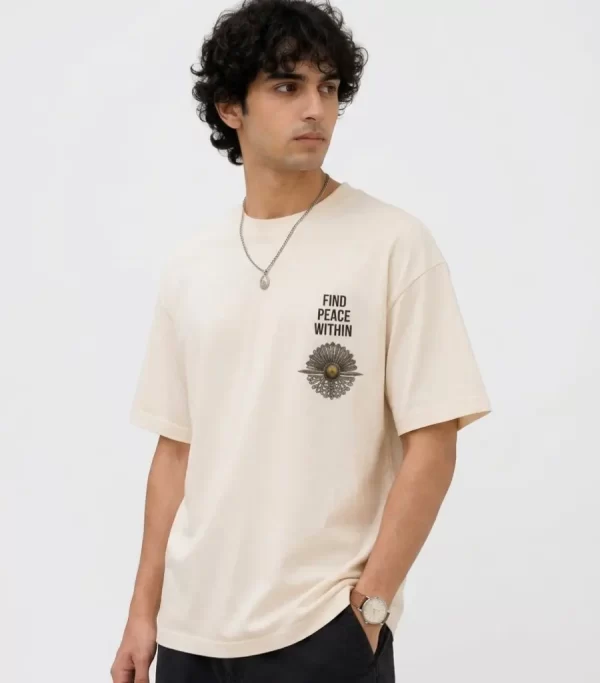 Men's off white oversized Japanese graphic T-shirt with mountain sunset back print
