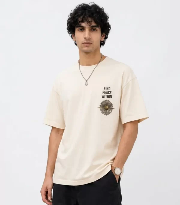 Men's off white oversized Japanese graphic T-shirt with mountain sunset back print